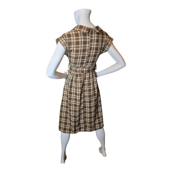 Vintage 50's Inspired Brown & Cream Plaid Belted Midi Dress sz S - Picture 5 of 7